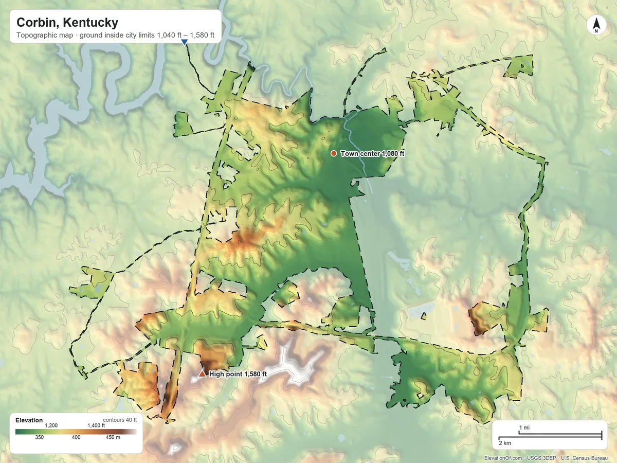 Topographic elevation map of Corbin, Kentucky, shaded from 1,040 ft on the northwest side to 1,580 ft on the southwest side