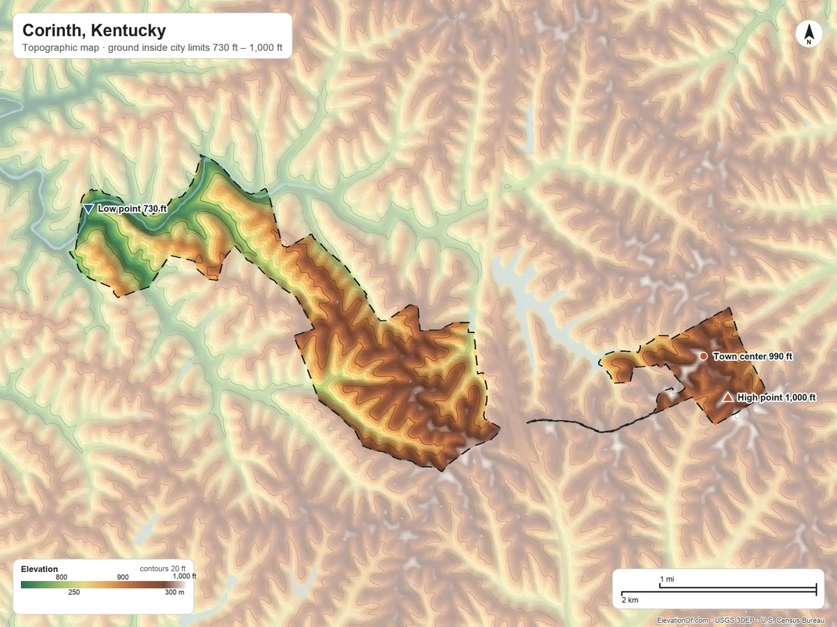 Topographic elevation map of Corinth, Kentucky, shaded from 730 ft on the west side to 1,000 ft near the middle