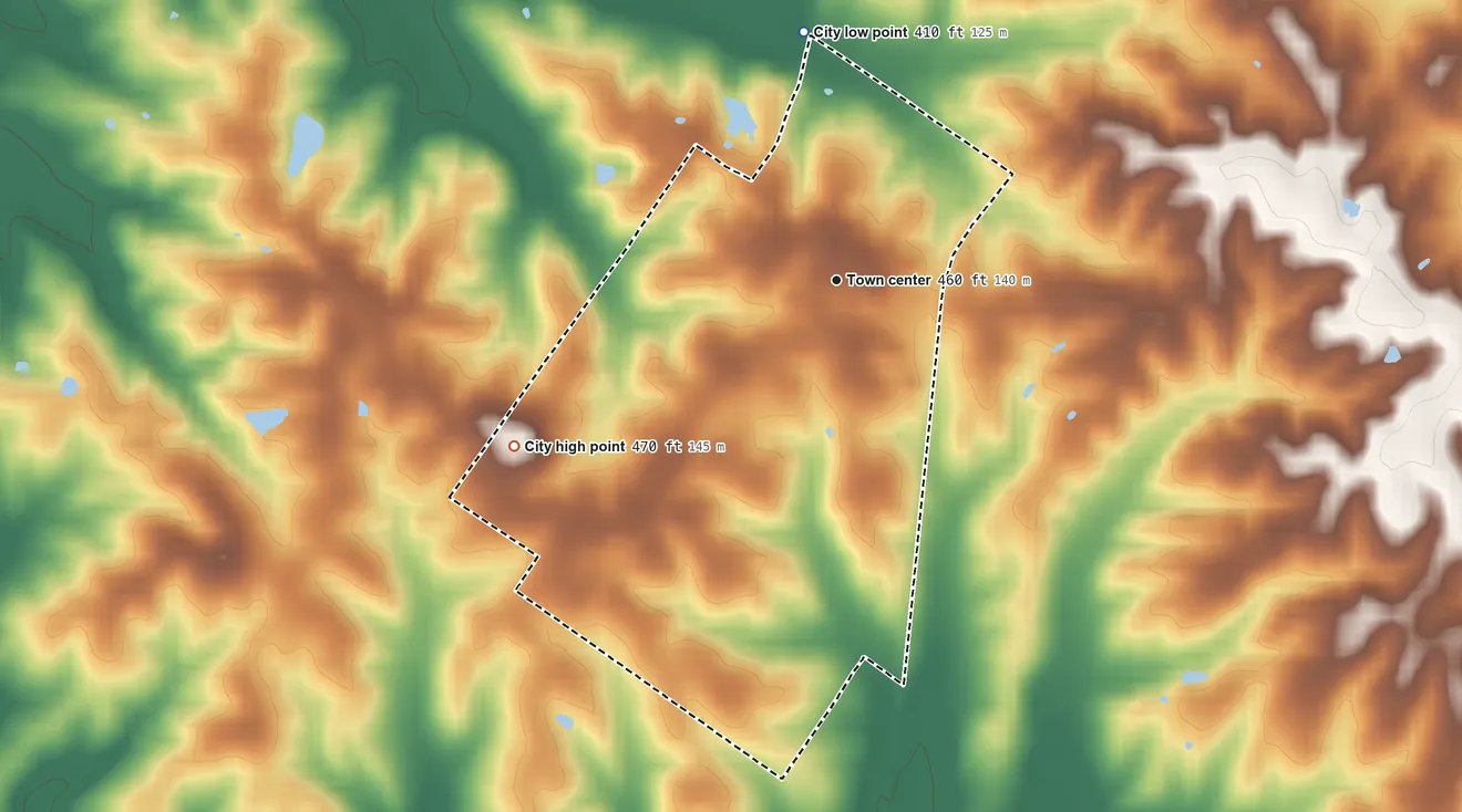 Topographic elevation map of Corydon, Kentucky, shaded from 410 ft on the north side to 470 ft on the southwest side