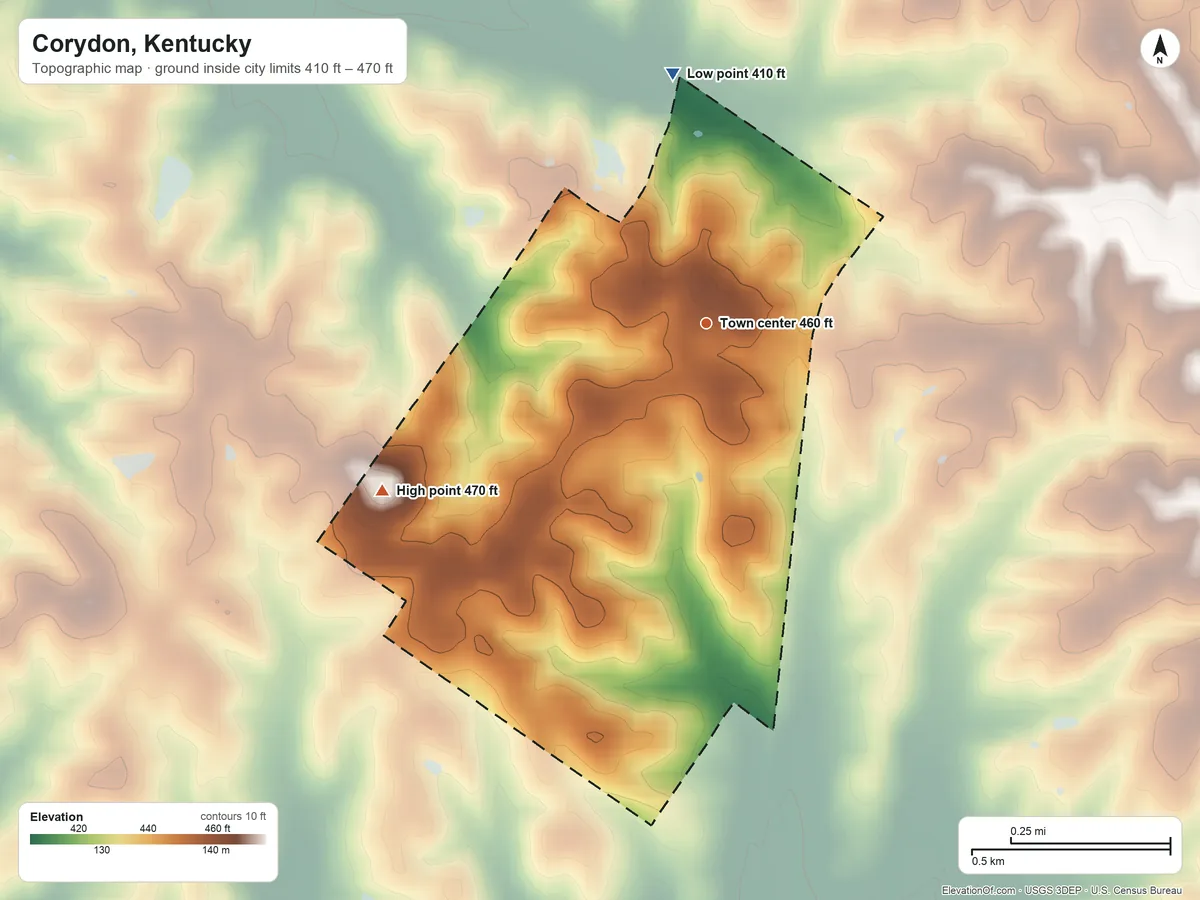 Topographic elevation map of Corydon, Kentucky, shaded from 410 ft on the north side to 470 ft on the southwest side