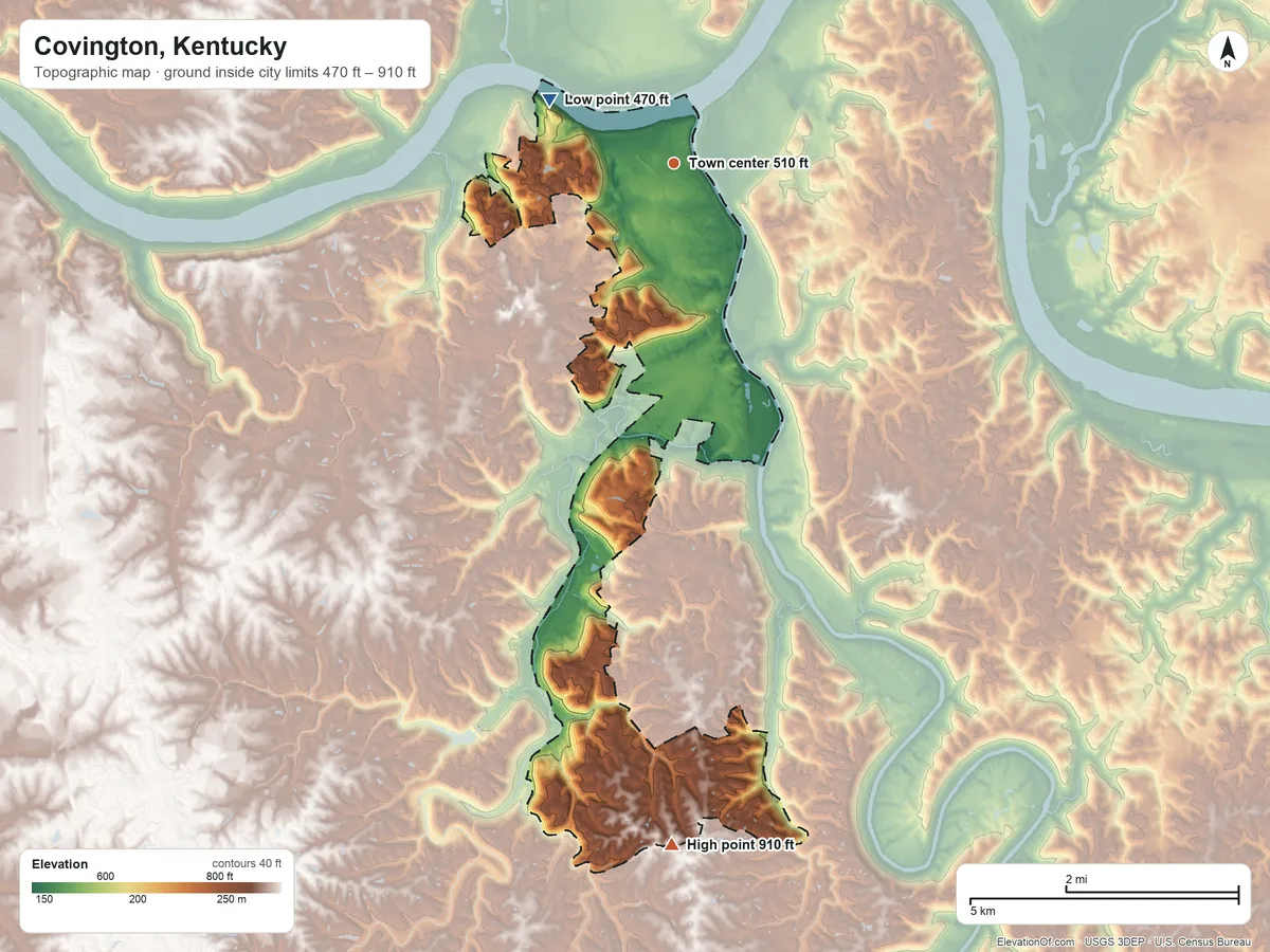 Topographic elevation map of Covington, Kentucky, shaded from 470 ft on the northwest side to 910 ft on the south side