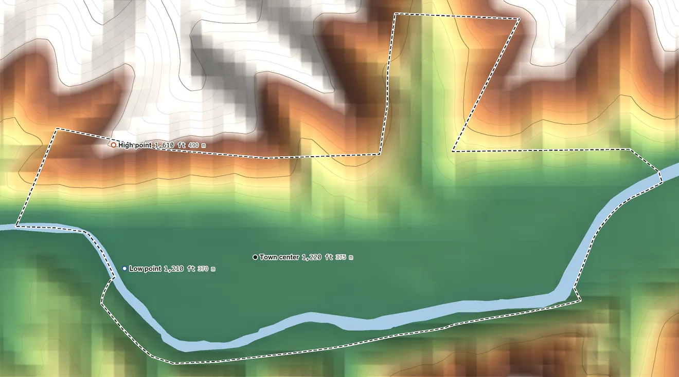 Topographic elevation map of Coxton, Kentucky, shaded from 1,210 ft on the west side to 1,610 ft at the foot of the Pine Mountain