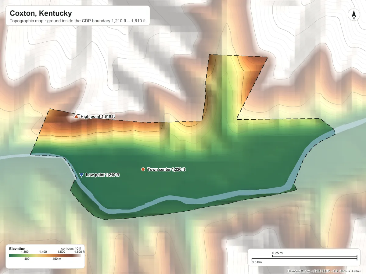 Topographic elevation map of Coxton, Kentucky, shaded from 1,210 ft on the west side to 1,610 ft at the foot of the Pine Mountain