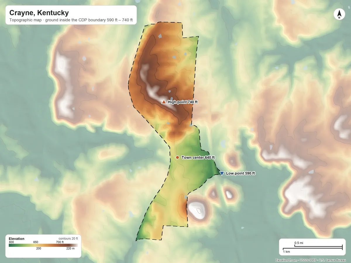Topographic elevation map of Crayne, Kentucky, shaded from 590 ft on the east side to 740 ft on Cochran Hill