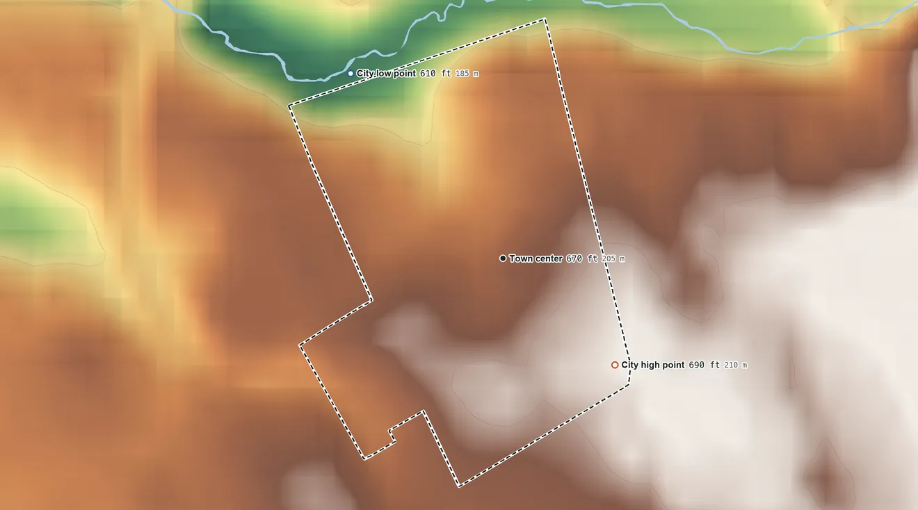 Topographic elevation map of Creekside, Kentucky, shaded from 610 ft on the northwest side to 690 ft on the southeast side