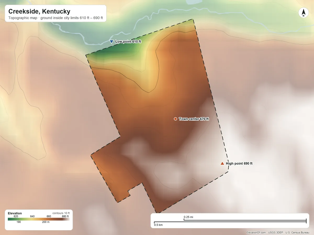 Topographic elevation map of Creekside, Kentucky, shaded from 610 ft on the northwest side to 690 ft on the southeast side