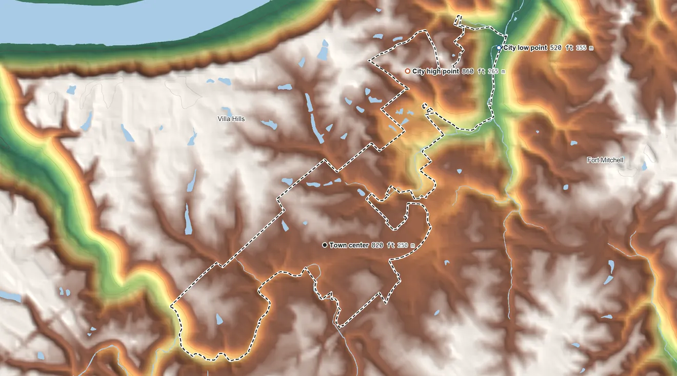 Topographic elevation map of Crescent Springs, Kentucky, shaded from 520 ft on the northeast side to 860 ft on the northeast side