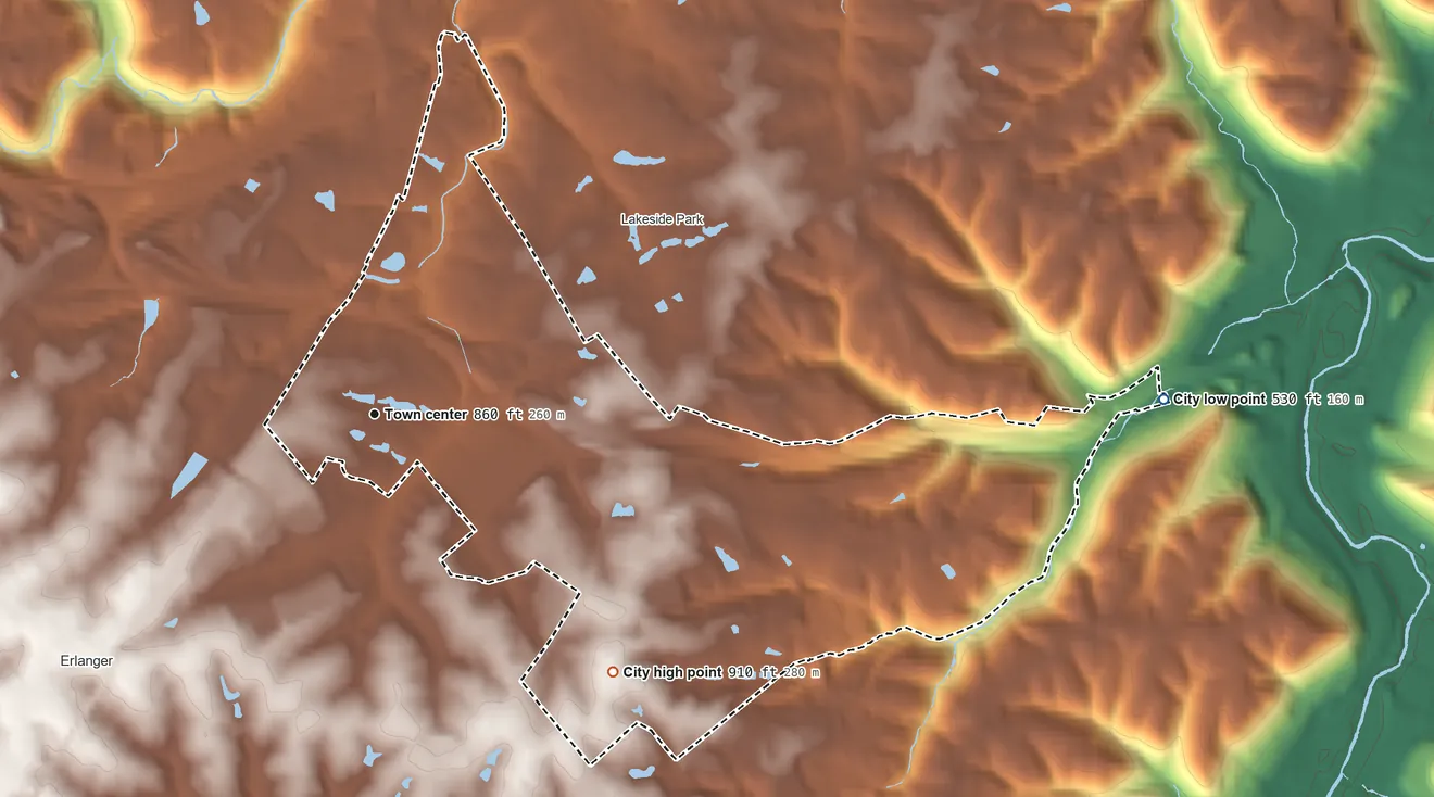 Topographic elevation map of Crestview Hills, Kentucky, shaded from 530 ft on the east side to 910 ft on the southeast side
