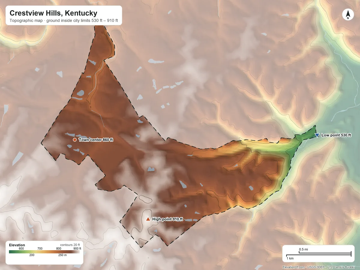 Topographic elevation map of Crestview Hills, Kentucky, shaded from 530 ft on the east side to 910 ft on the southeast side