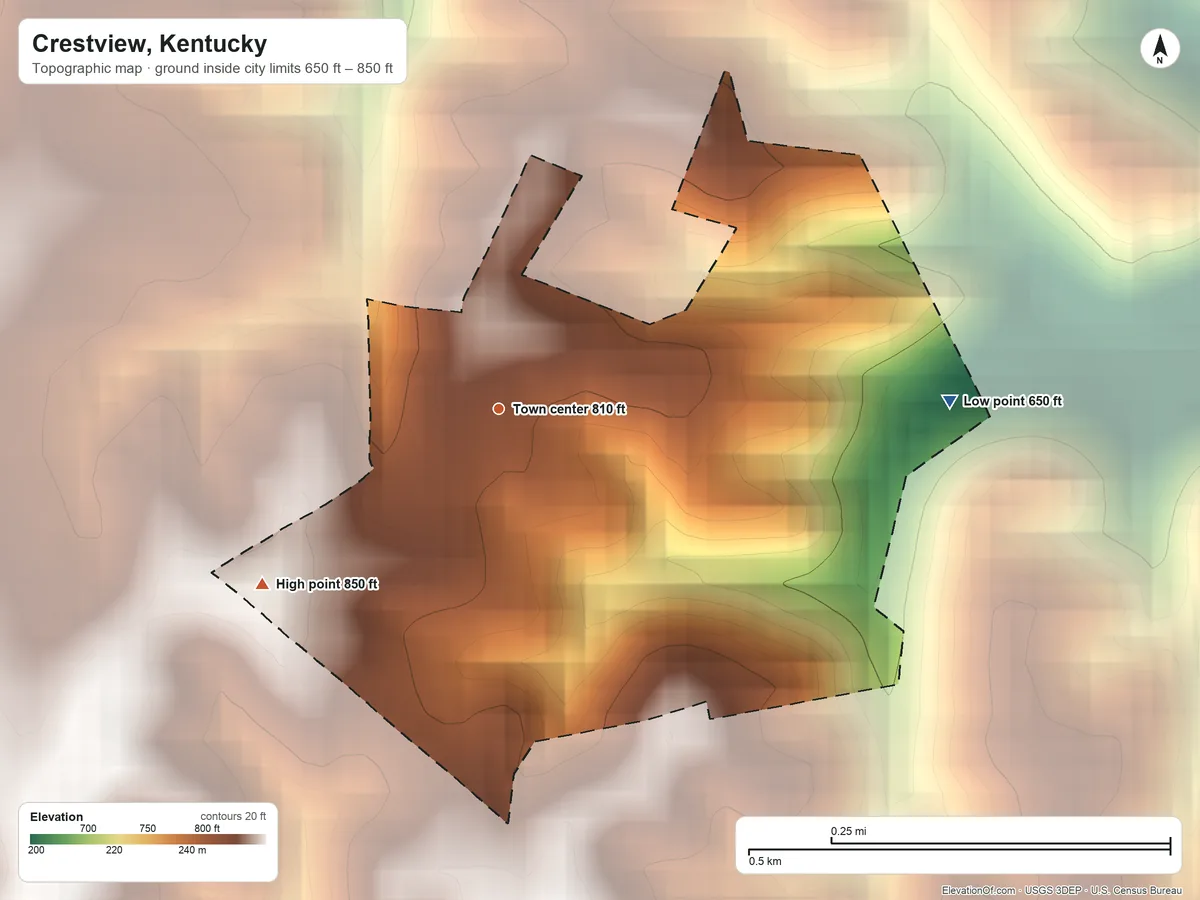 Topographic elevation map of Crestview, Kentucky, shaded from 650 ft on the east side to 850 ft on the southwest side