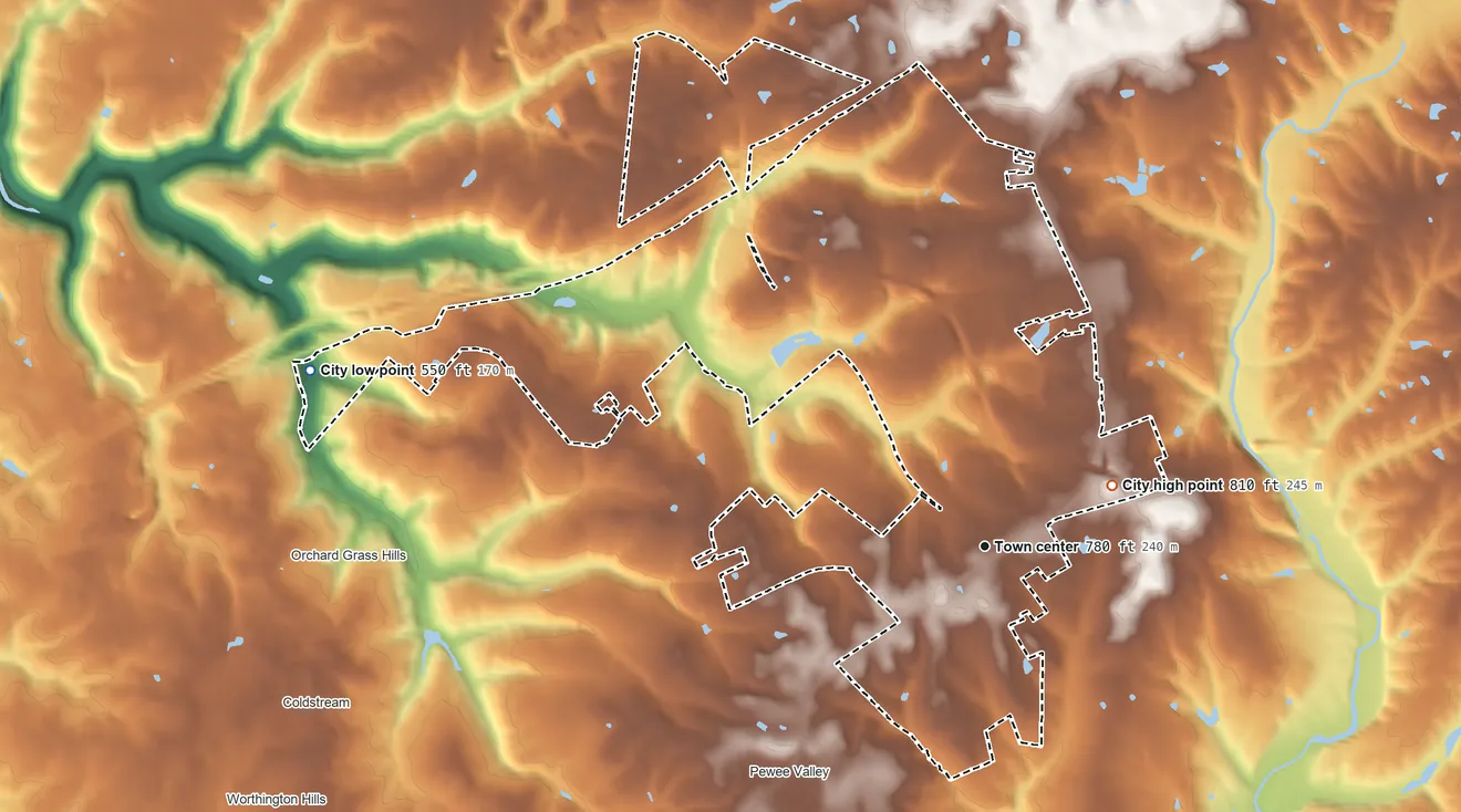 Topographic elevation map of Crestwood, Kentucky, shaded from 550 ft on the west side to 810 ft on the northeast side