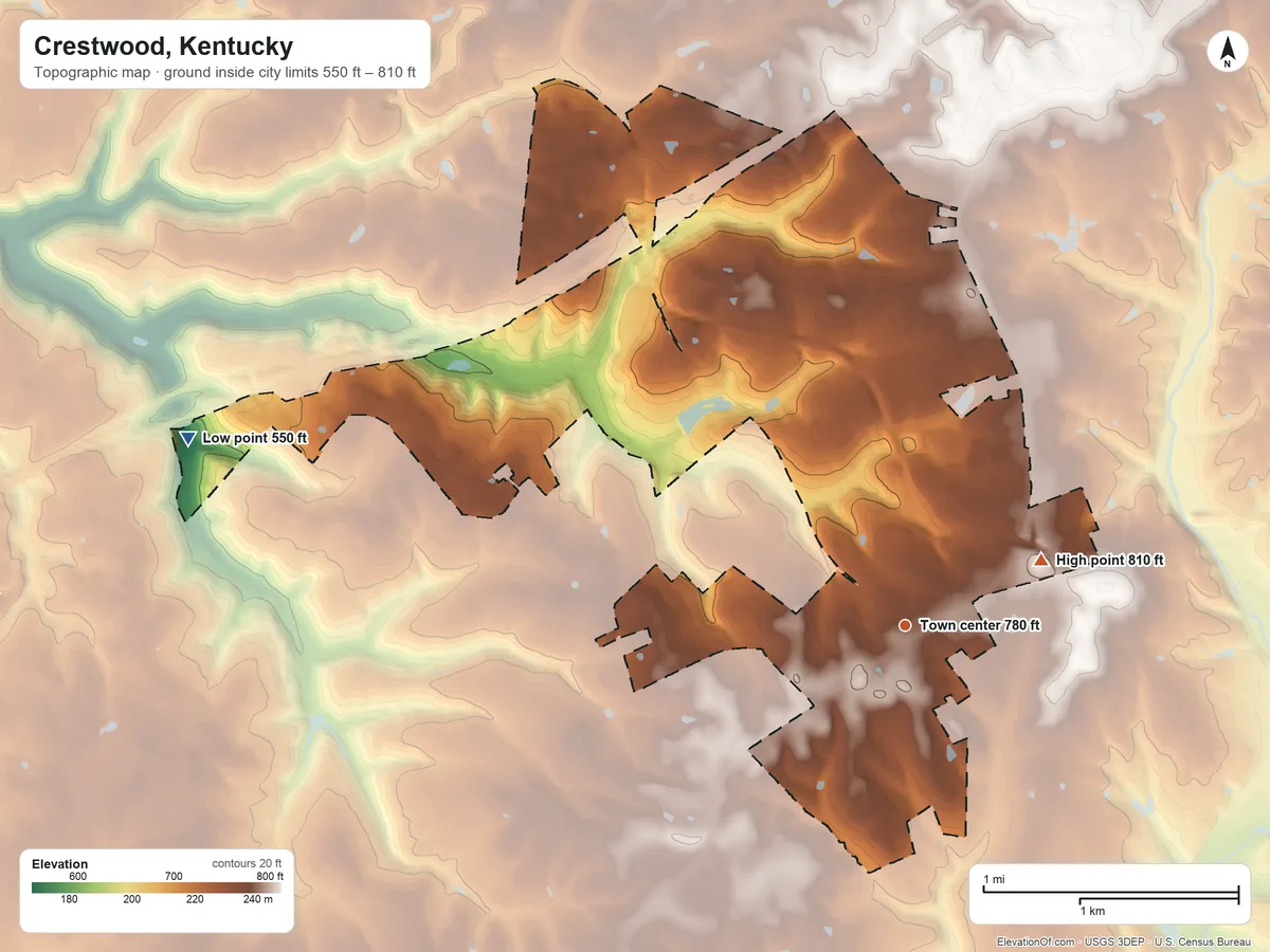 Topographic elevation map of Crestwood, Kentucky, shaded from 550 ft on the west side to 810 ft on the northeast side