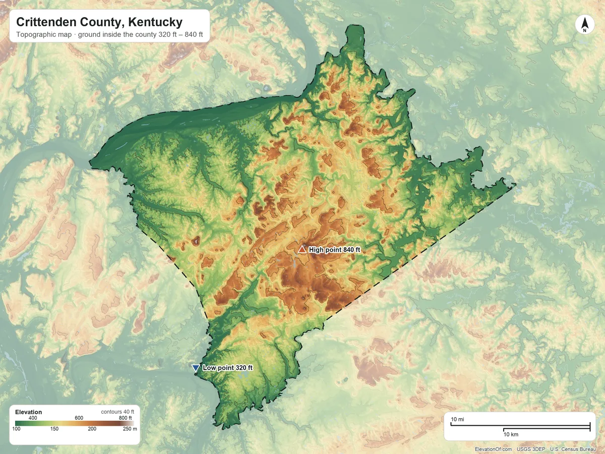 Topographic elevation map of Crittenden County, Kentucky, shaded from 320 ft on the southwest side to 840 ft on Wilson Hill