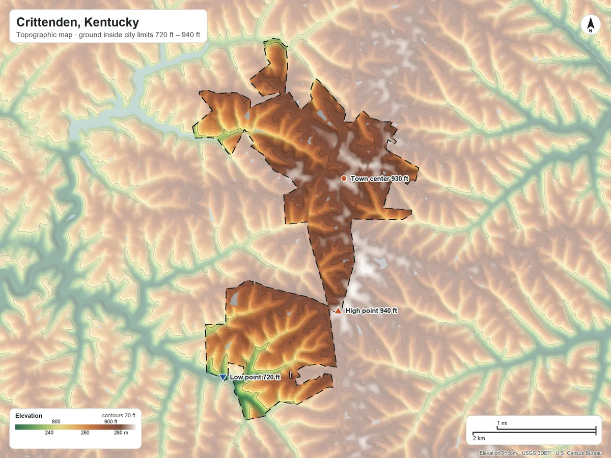 Topographic elevation map of Crittenden, Kentucky, shaded from 720 ft on the southwest side to 940 ft on the south side