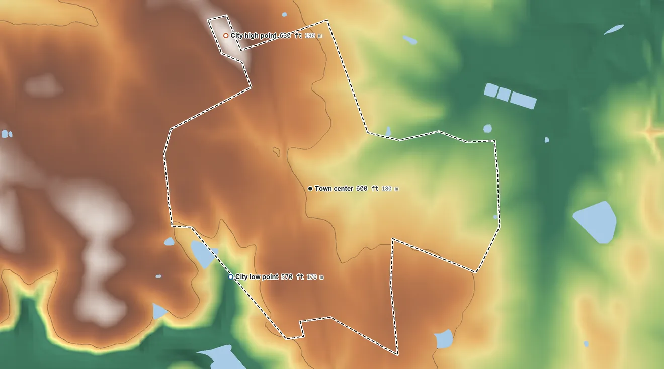 Topographic elevation map of Crofton, Kentucky, shaded from 570 ft on the southwest side to 630 ft on the northwest side