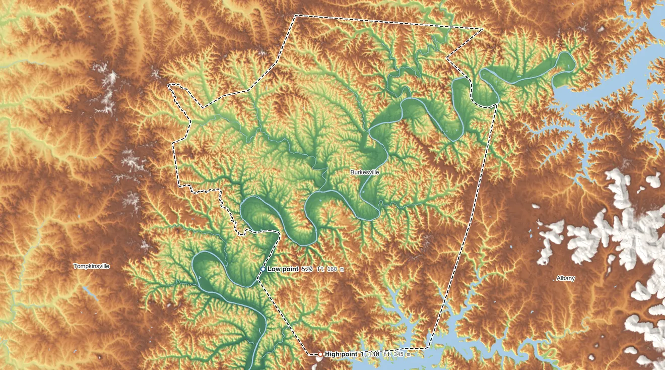Topographic elevation map of Cumberland County, Kentucky, shaded from 520 ft on the southwest side to 1,130 ft on the south side