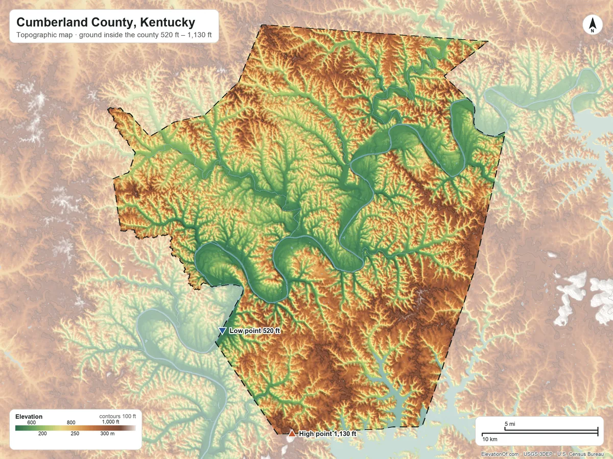 Topographic elevation map of Cumberland County, Kentucky, shaded from 520 ft on the southwest side to 1,130 ft on the south side