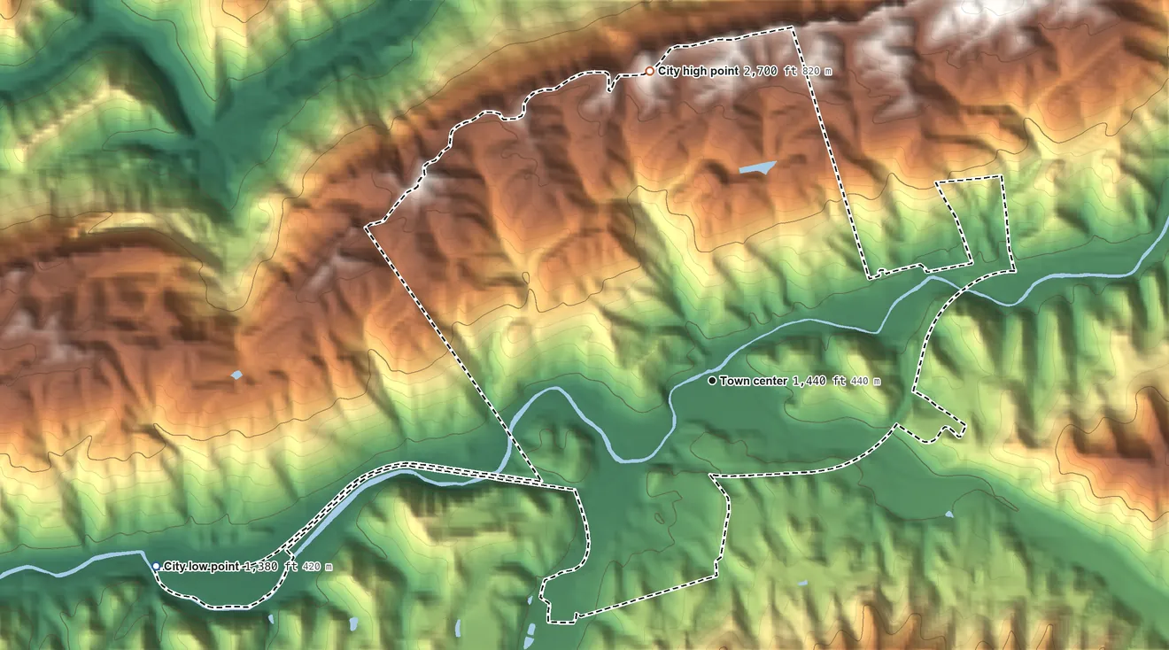 Topographic elevation map of Cumberland, Kentucky, shaded from 1,380 ft on the west side to 2,700 ft on the north side