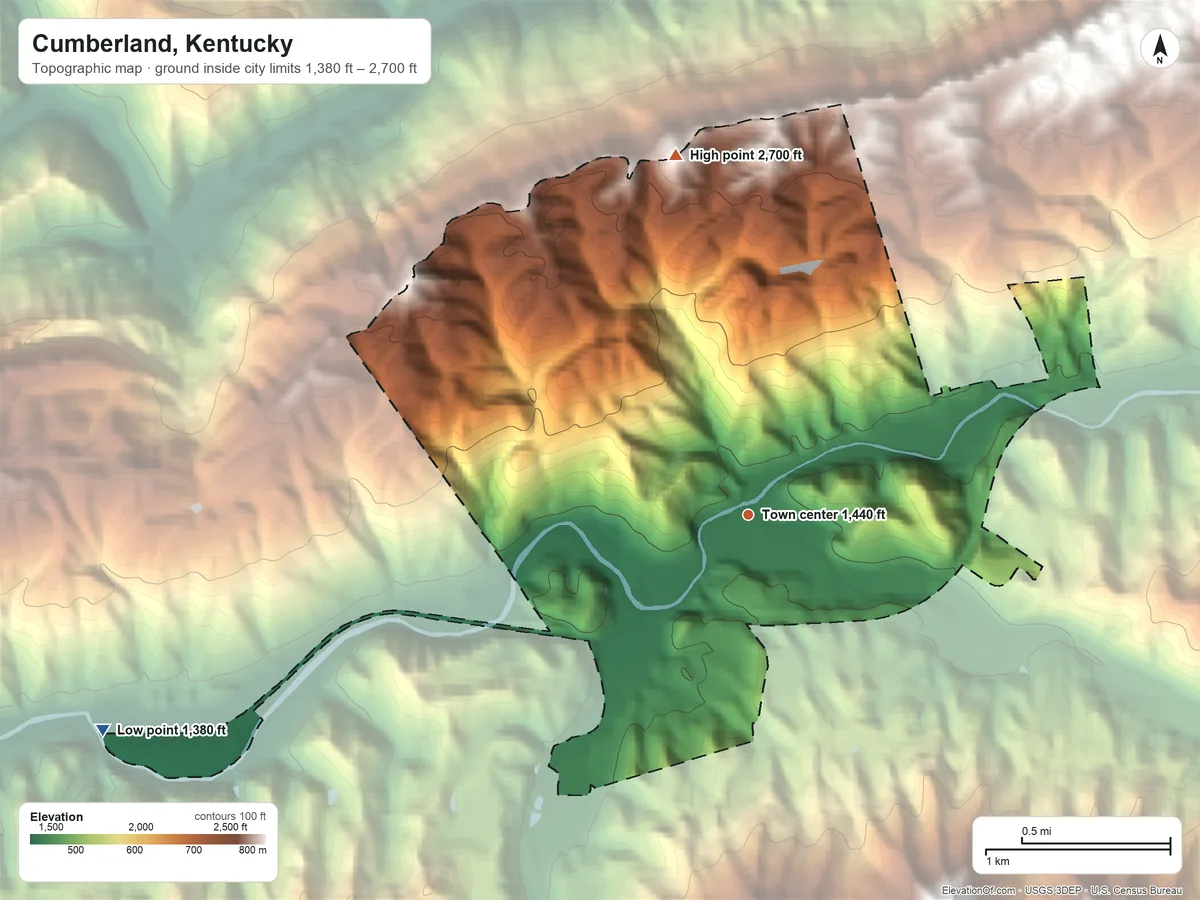 Topographic elevation map of Cumberland, Kentucky, shaded from 1,380 ft on the west side to 2,700 ft on the north side