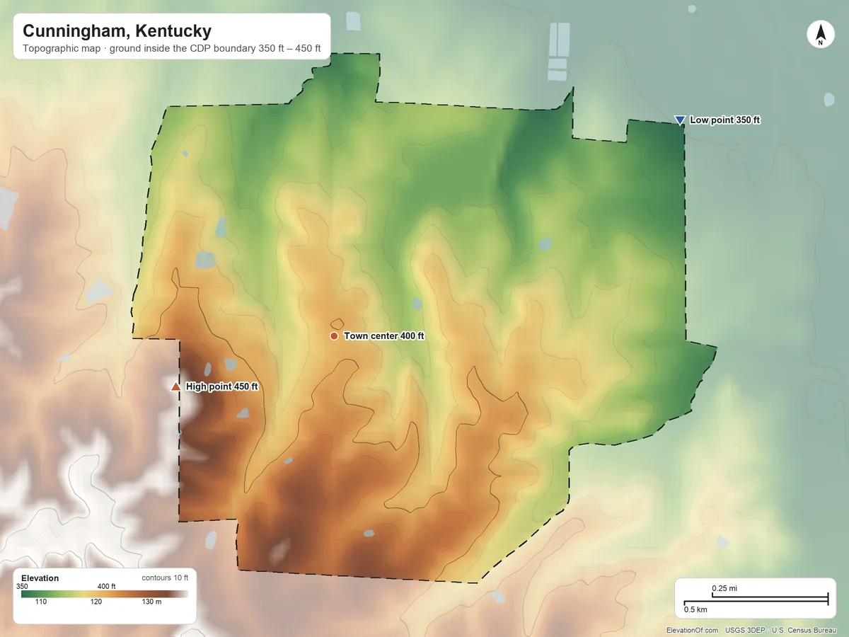 Topographic elevation map of Cunningham, Kentucky, shaded from 350 ft on the northeast side to 450 ft on the west side