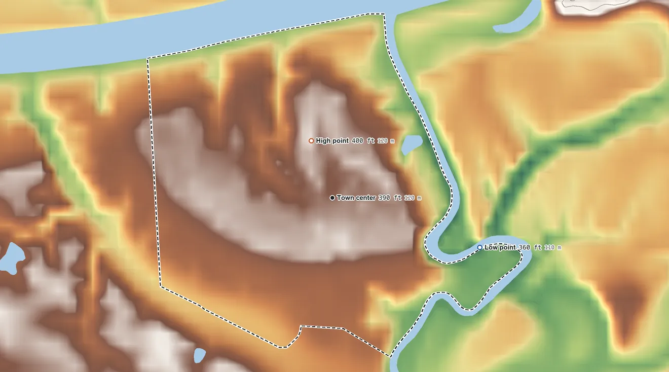 Topographic elevation map of Curdsville, Kentucky, shaded from 360 ft on the east side to 400 ft on the north side