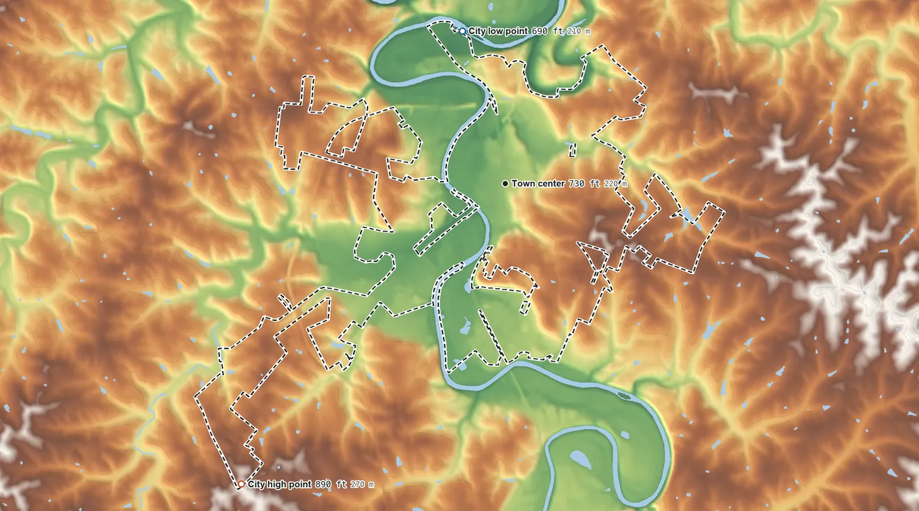 Topographic elevation map of Cynthiana, Kentucky, shaded from 690 ft on the north side to 890 ft on the southwest side