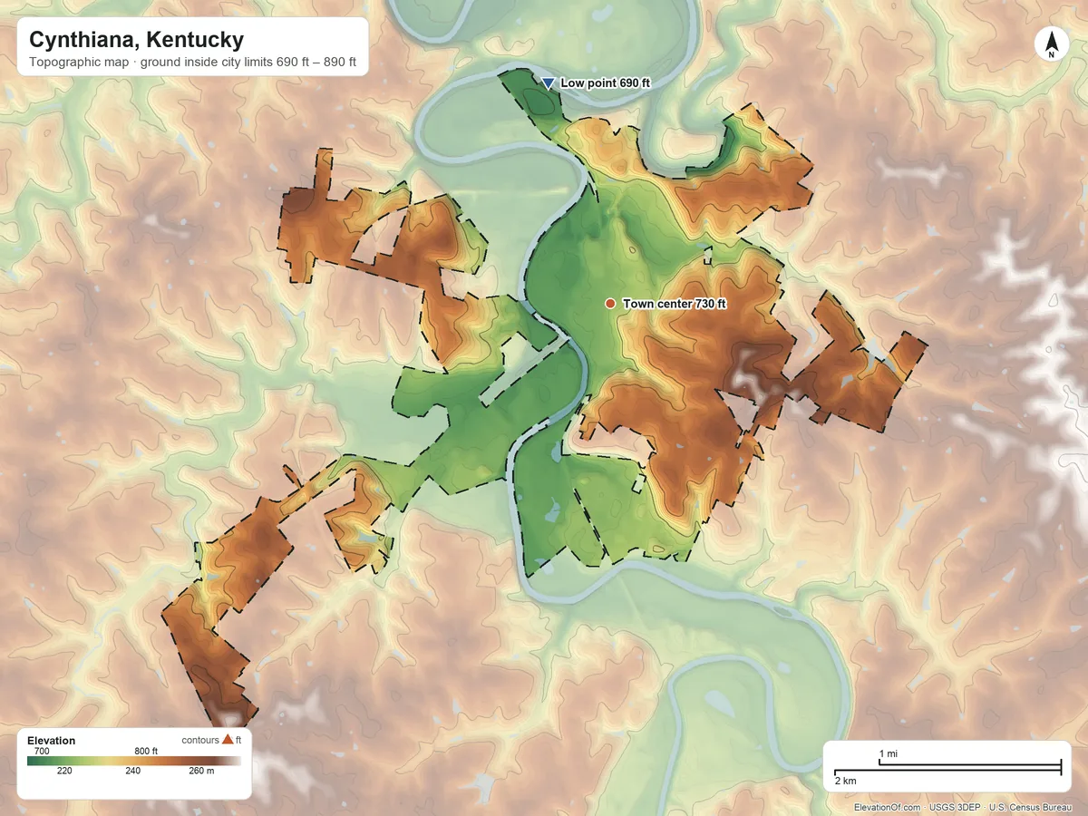 Topographic elevation map of Cynthiana, Kentucky, shaded from 690 ft on the north side to 890 ft on the southwest side