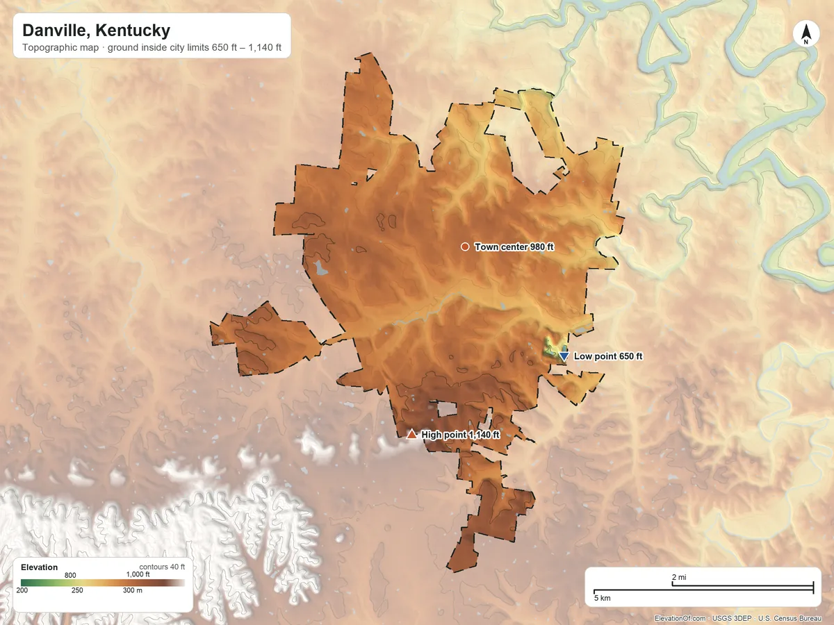 Topographic elevation map of Danville, Kentucky, shaded from 650 ft on the southeast side to 1,140 ft on the south side