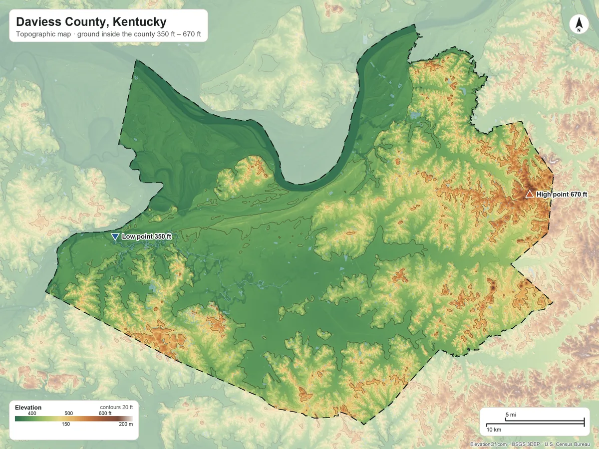 Topographic elevation map of Daviess County, Kentucky, shaded from 350 ft on the west side to 670 ft on the east side