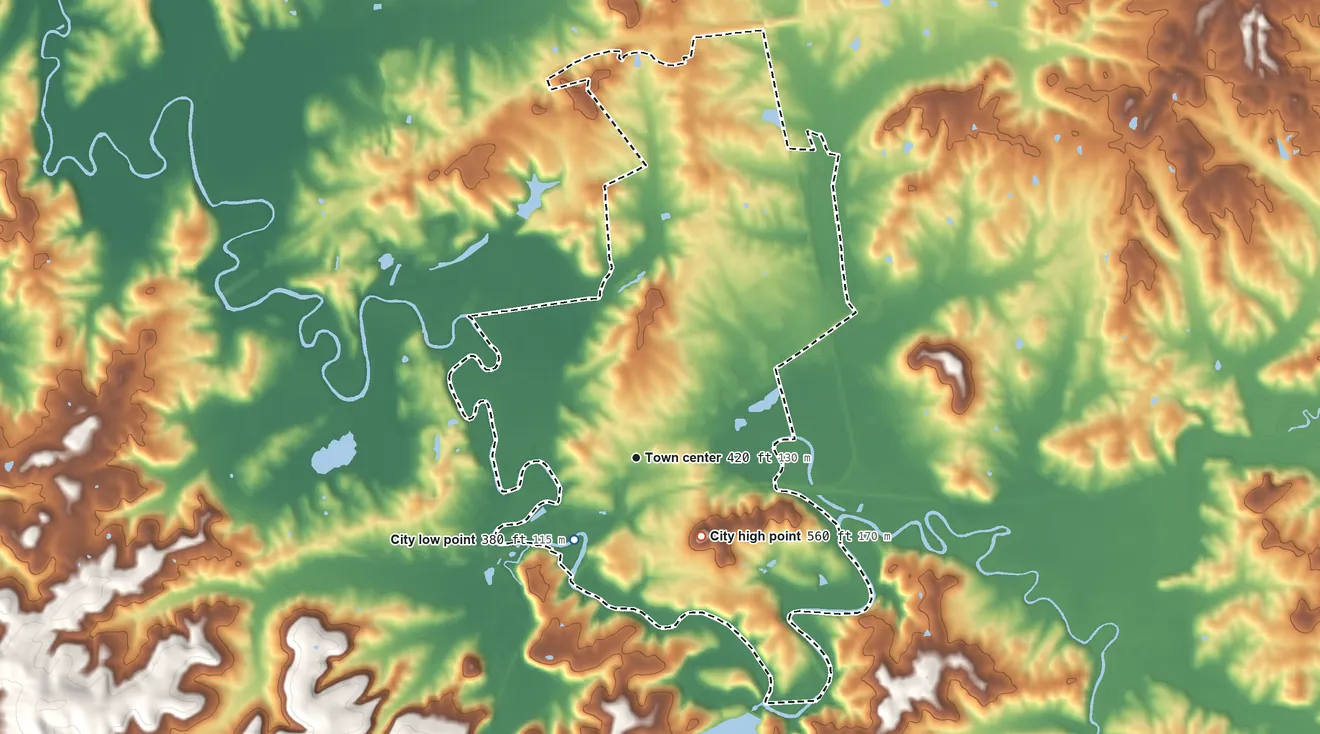 Topographic elevation map of Dawson Springs, Kentucky, shaded from 380 ft on the southwest side to 560 ft on Purdy Hill