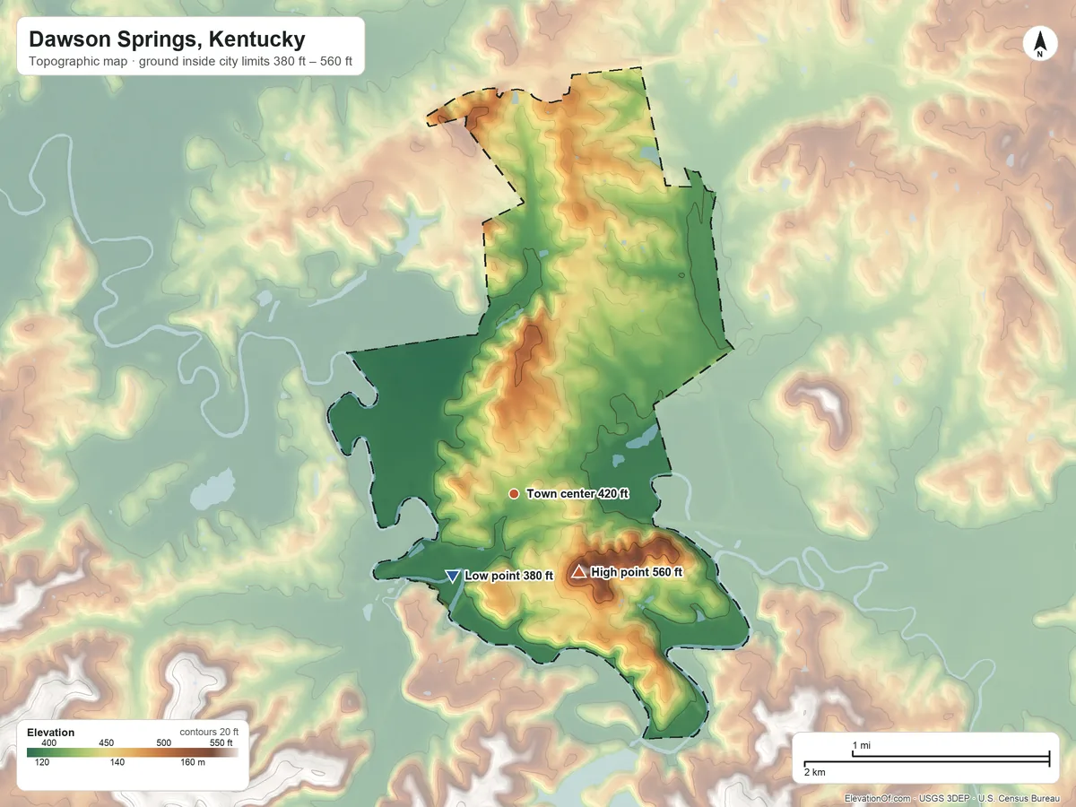 Topographic elevation map of Dawson Springs, Kentucky, shaded from 380 ft on the southwest side to 560 ft on Purdy Hill