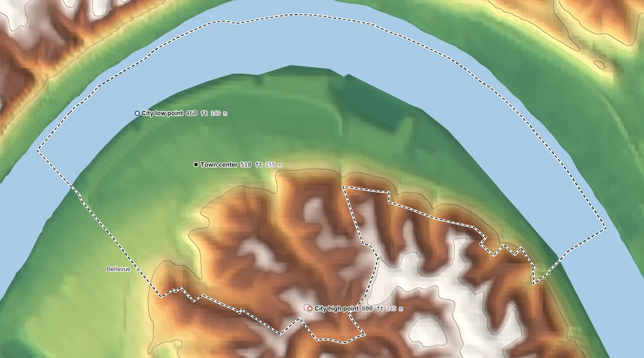 Topographic elevation map of Dayton, Kentucky, shaded from 460 ft on the northwest side to 800 ft on the southeast side