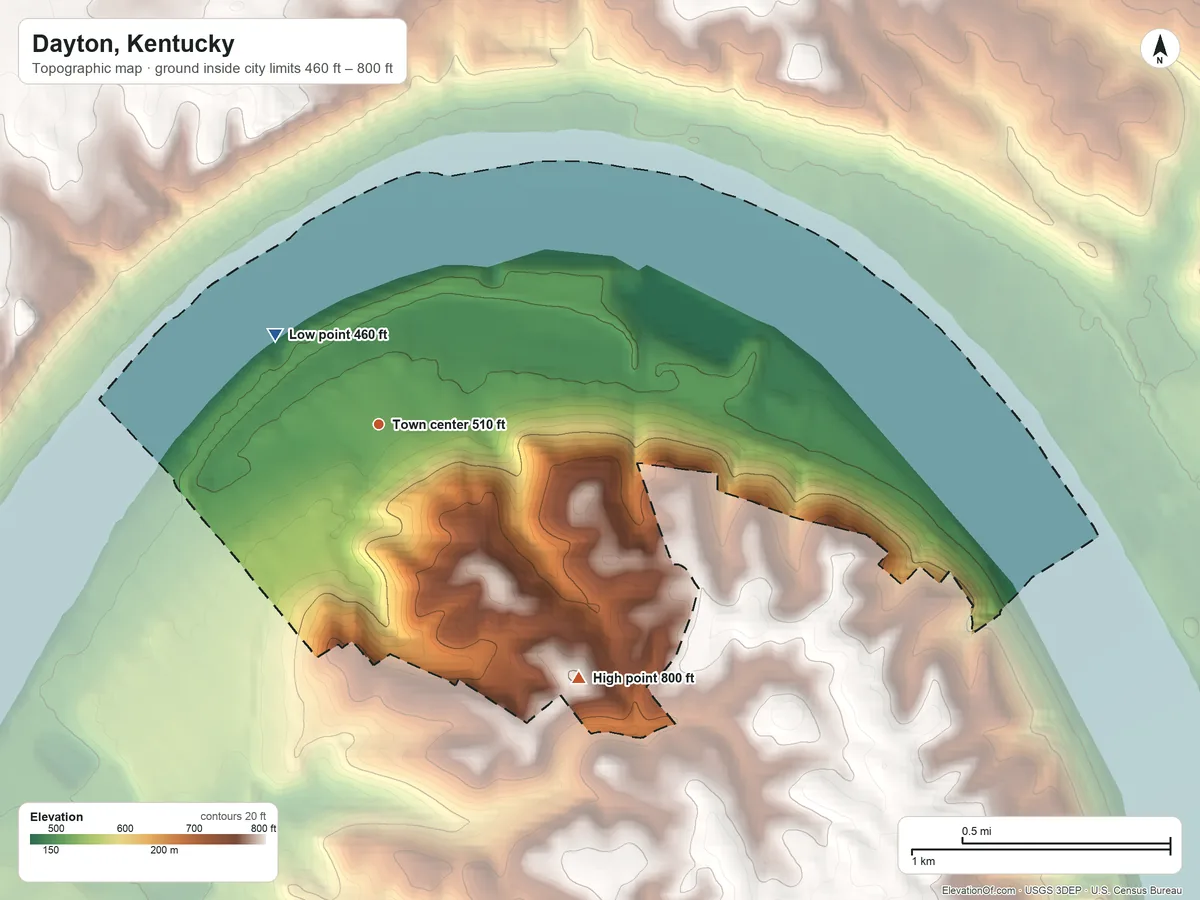 Topographic elevation map of Dayton, Kentucky, shaded from 460 ft on the northwest side to 800 ft on the southeast side