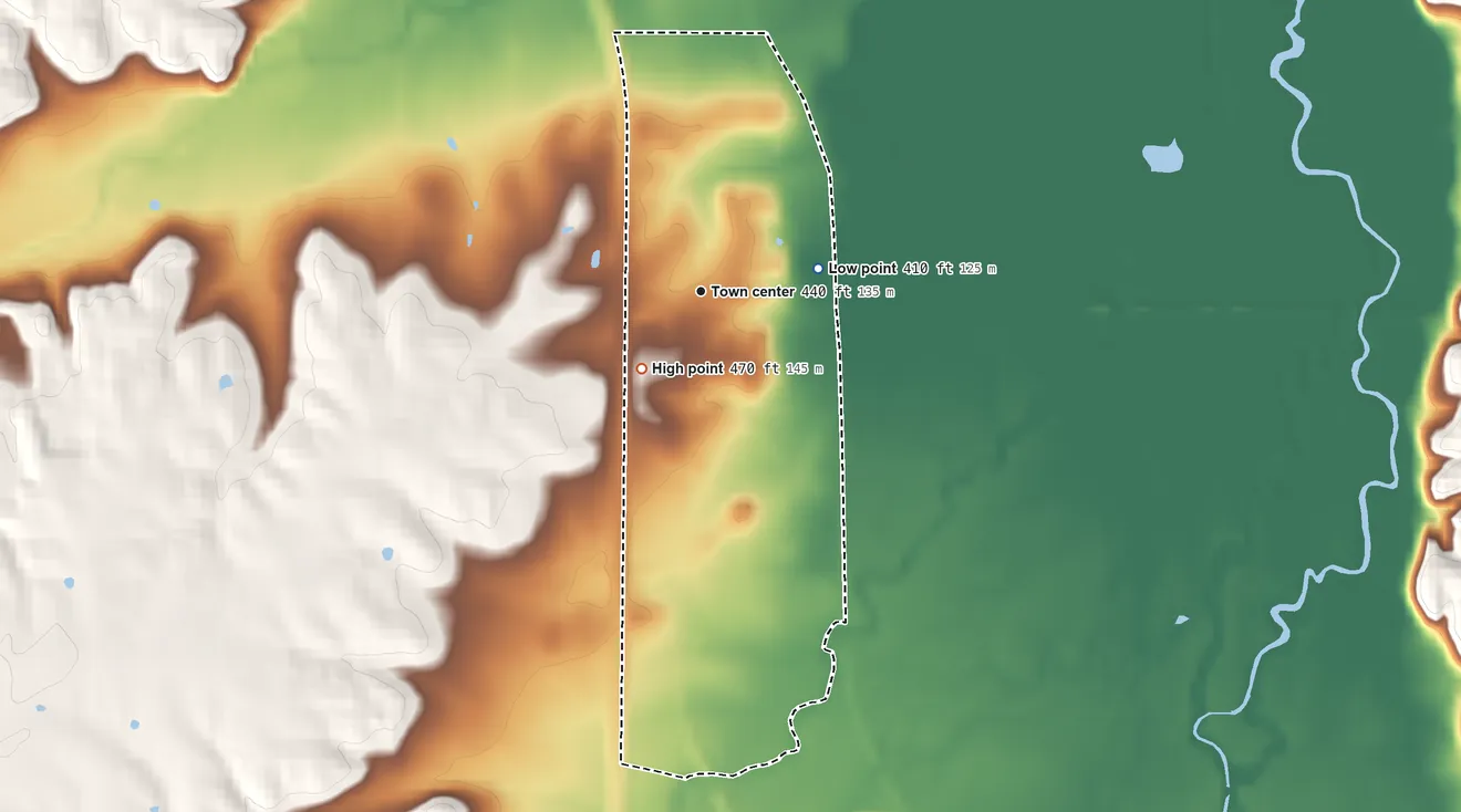 Topographic elevation map of Dexter, Kentucky, shaded from 410 ft on the east side to 470 ft on the southwest side