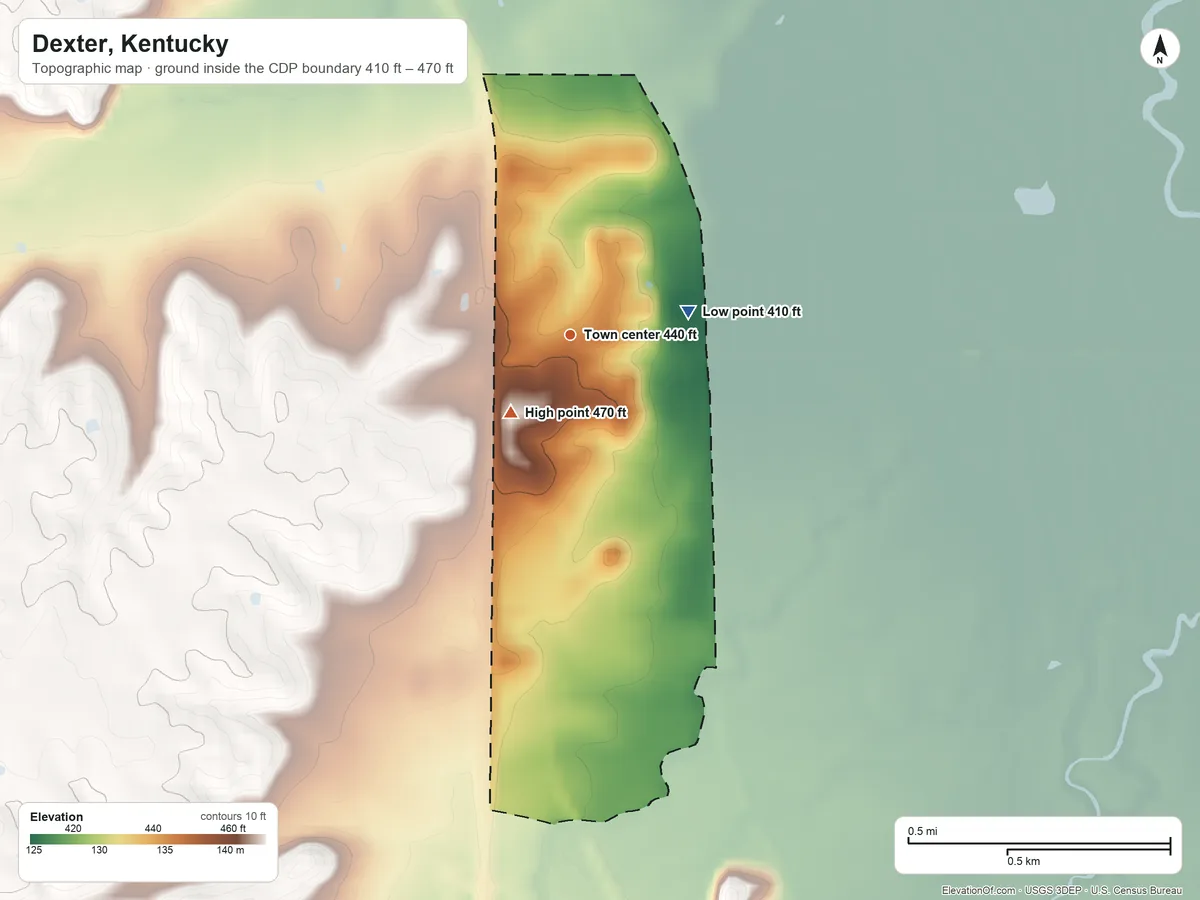 Topographic elevation map of Dexter, Kentucky, shaded from 410 ft on the east side to 470 ft on the southwest side
