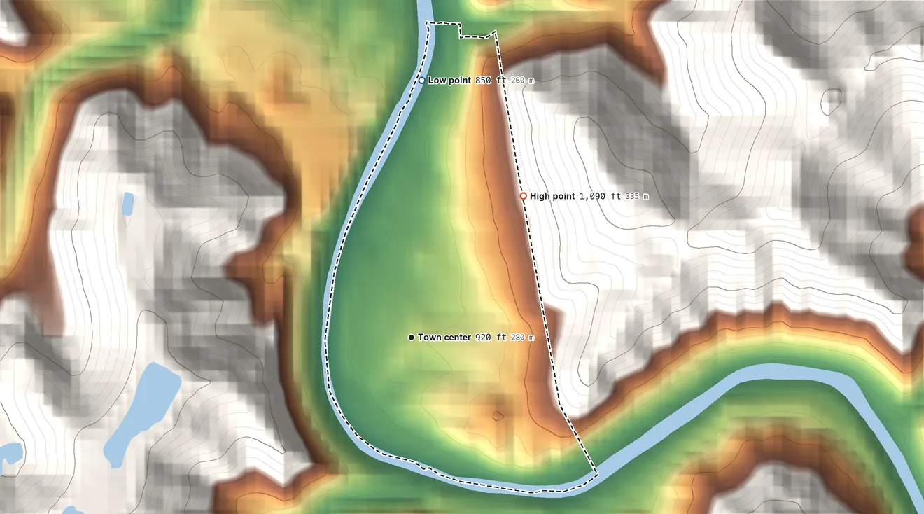 Topographic elevation map of Diablock, Kentucky, shaded from 850 ft on the north side to 1,090 ft on the northeast edge, below higher ground just outside