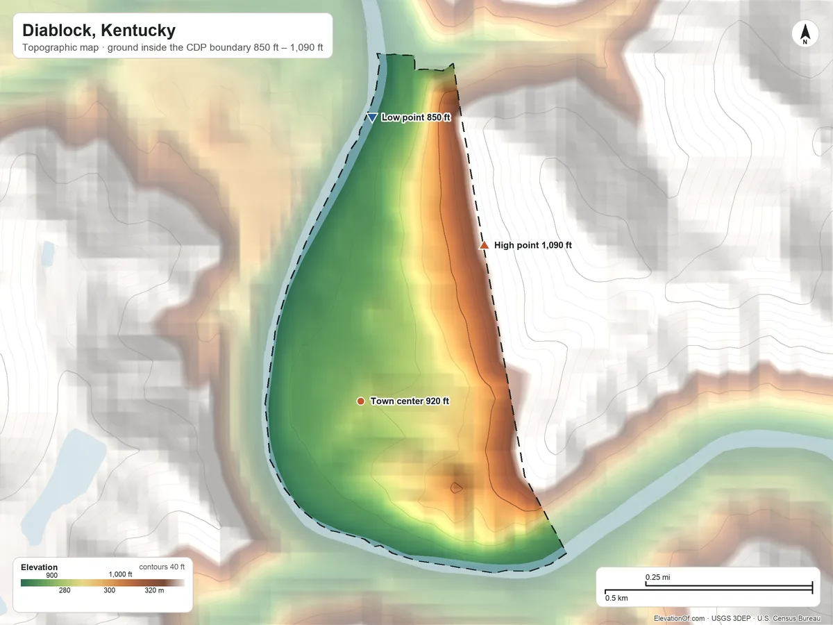 Topographic elevation map of Diablock, Kentucky, shaded from 850 ft on the north side to 1,090 ft on the northeast edge, below higher ground just outside