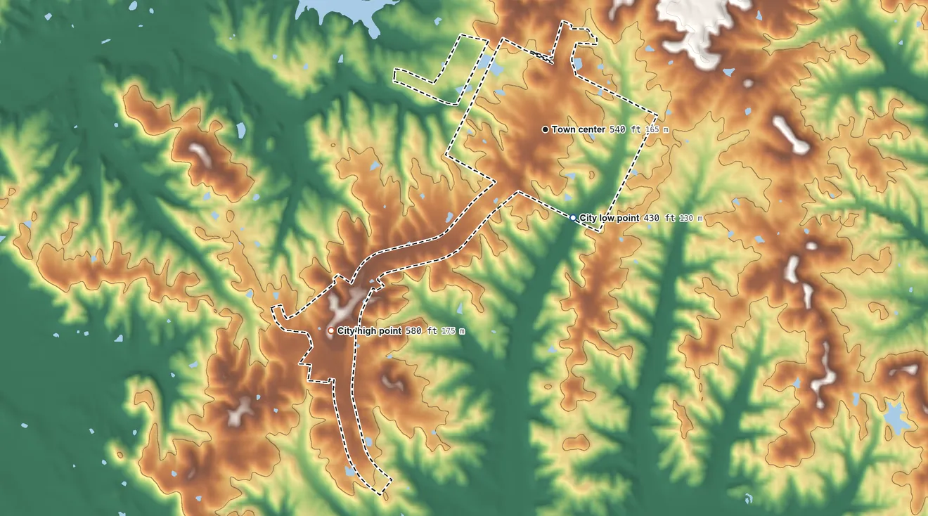 Topographic elevation map of Dixon, Kentucky, shaded from 430 ft on the south side to 580 ft on the southwest side