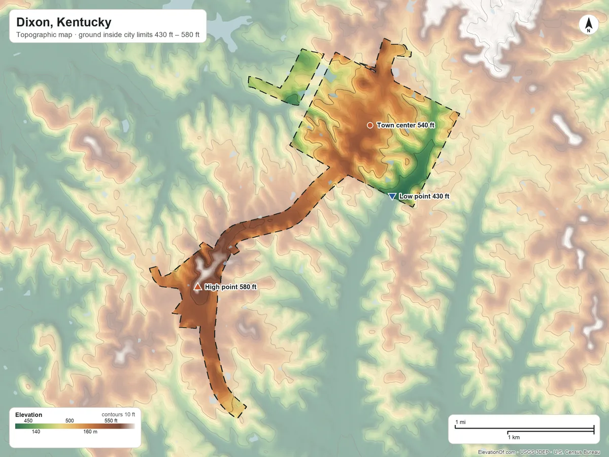 Topographic elevation map of Dixon, Kentucky, shaded from 430 ft on the south side to 580 ft on the southwest side