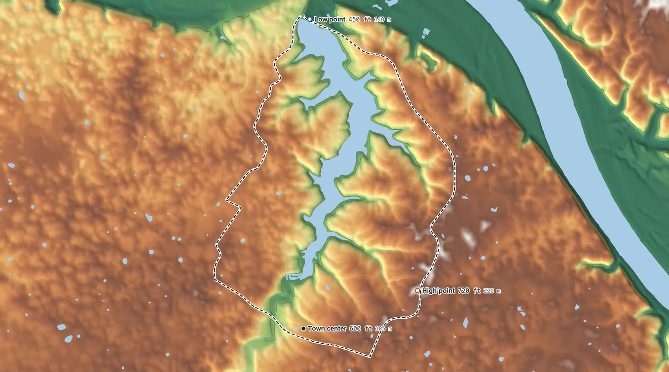 Topographic elevation map of Doe Valley, Kentucky, shaded from 450 ft on the north side to 720 ft on the east side