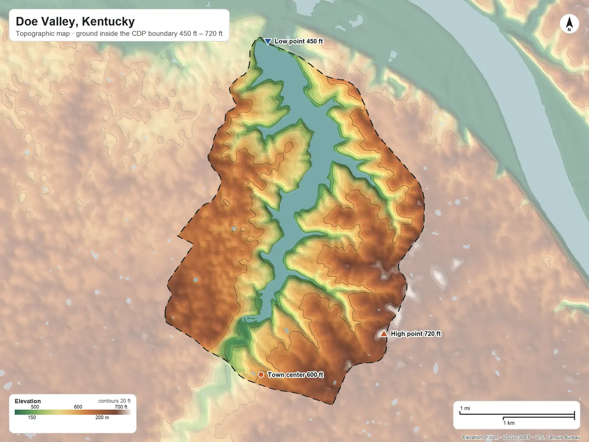 Topographic elevation map of Doe Valley, Kentucky, shaded from 450 ft on the north side to 720 ft on the east side