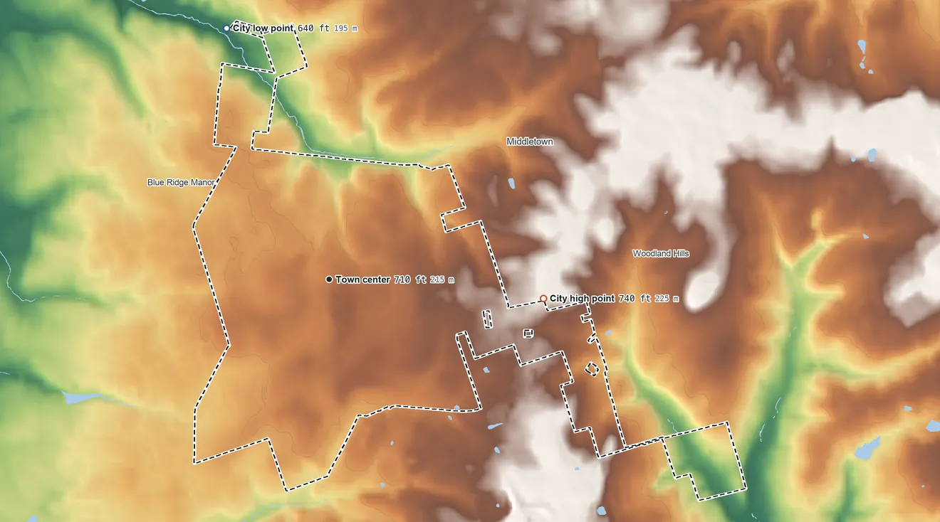 Topographic elevation map of Douglass Hills, Kentucky, shaded from 640 ft on the north side to 740 ft on the east side