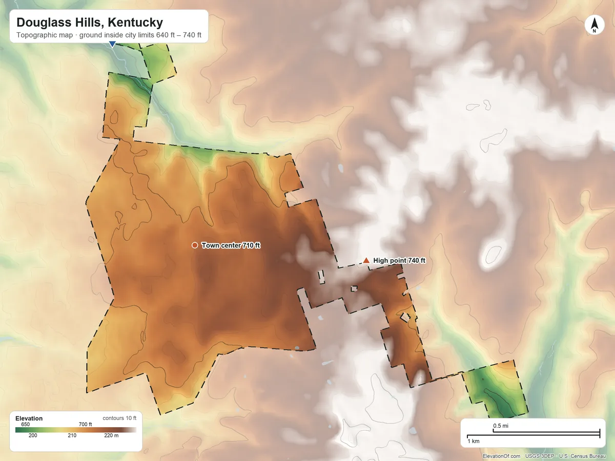 Topographic elevation map of Douglass Hills, Kentucky, shaded from 640 ft on the north side to 740 ft on the east side