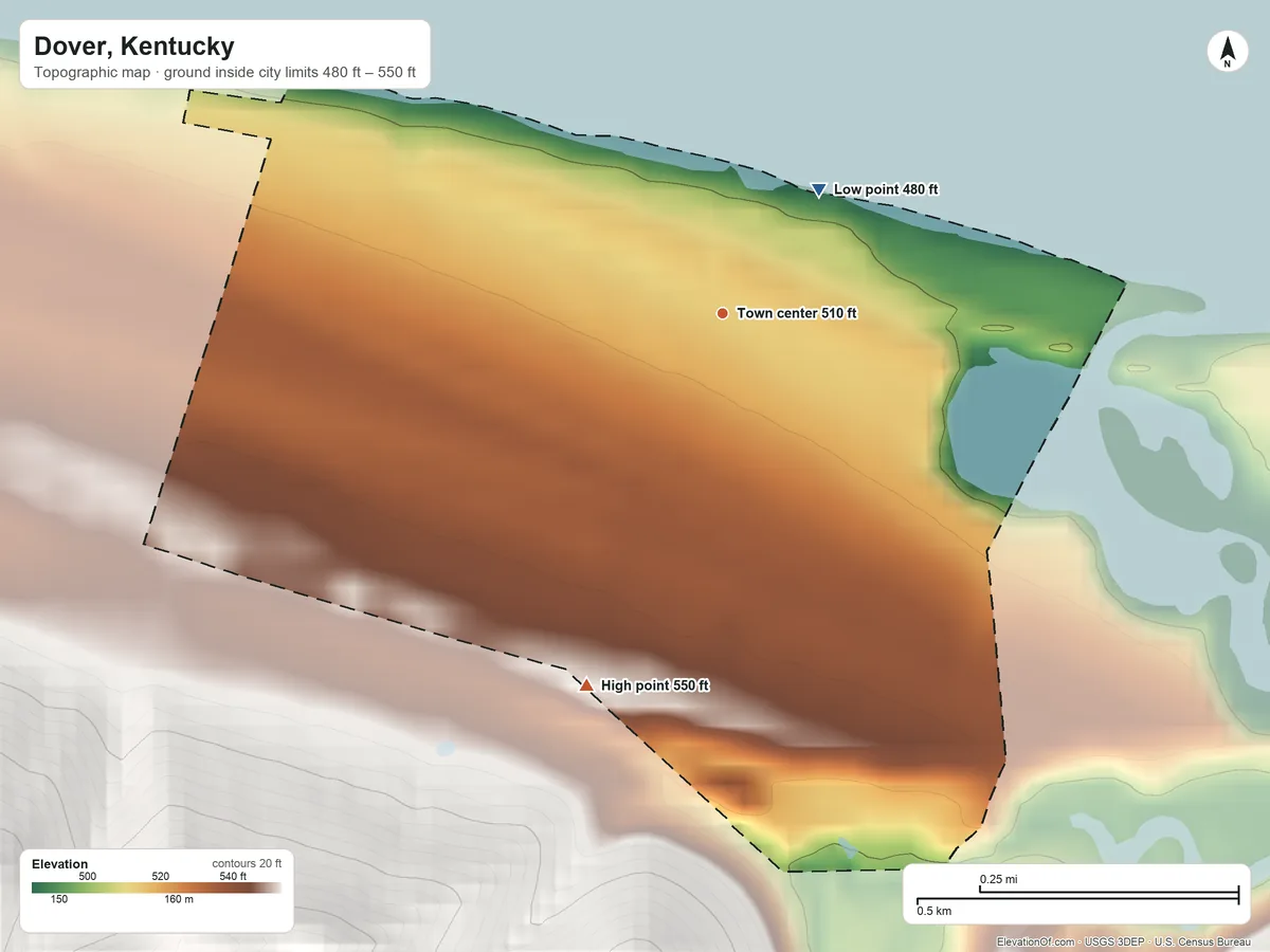 Topographic elevation map of Dover, Kentucky, shaded from 480 ft on the northeast side to 550 ft on the south edge, below higher ground just outside