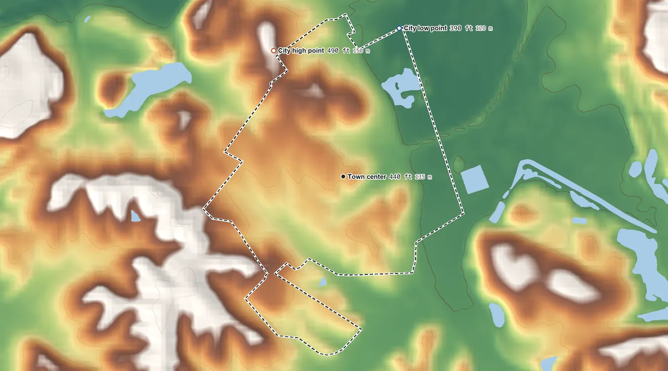 Topographic elevation map of Drakesboro, Kentucky, shaded from 390 ft on the north side to 490 ft on the northwest side