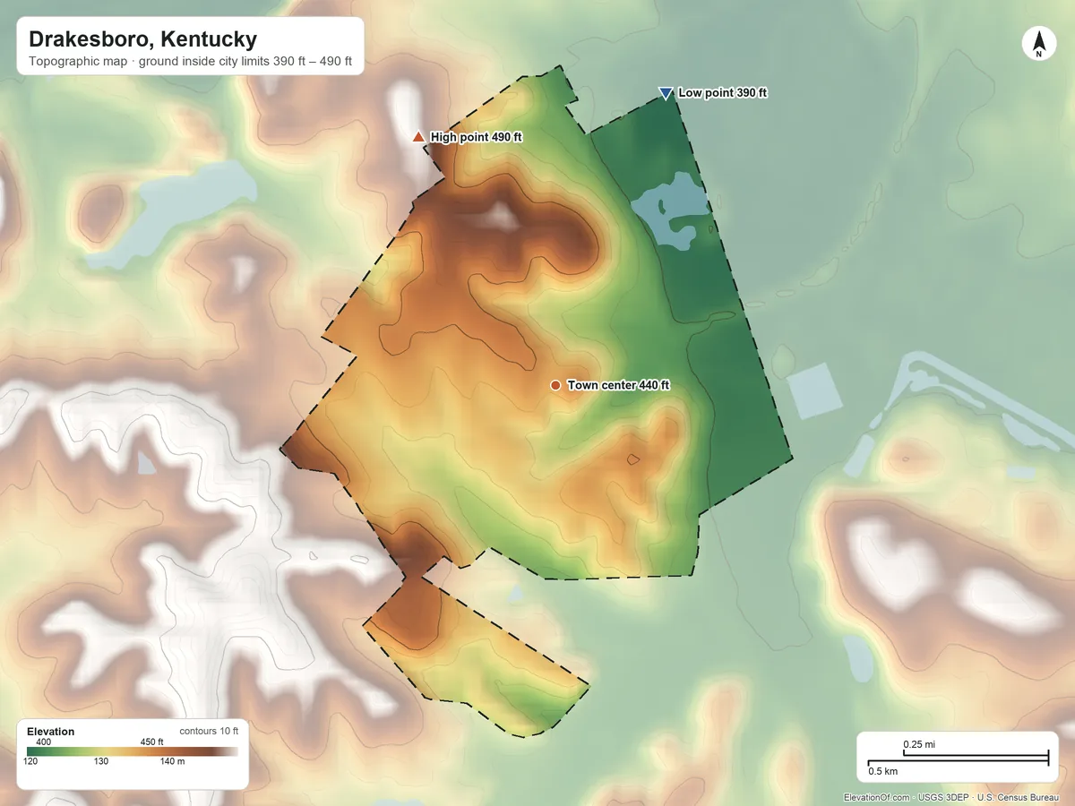 Topographic elevation map of Drakesboro, Kentucky, shaded from 390 ft on the north side to 490 ft on the northwest side