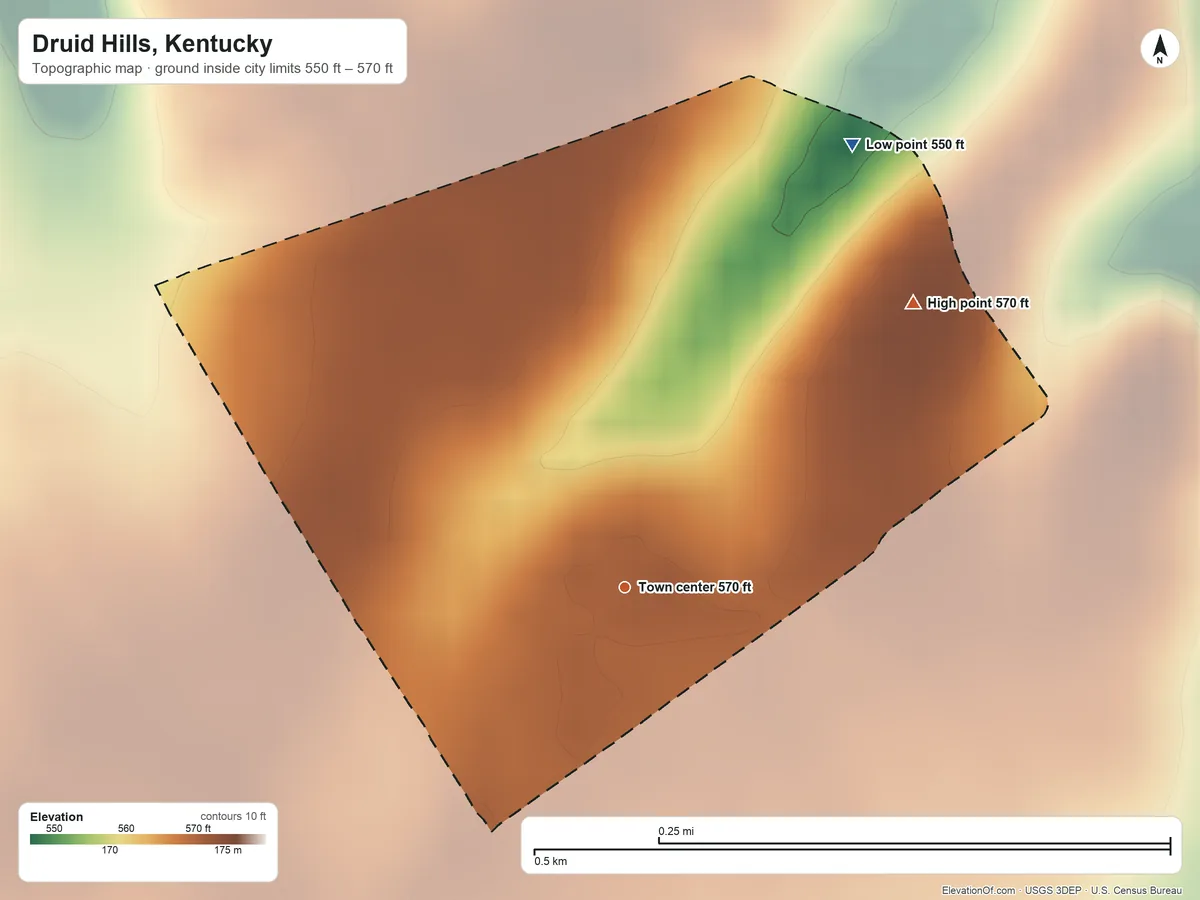Topographic elevation map of Druid Hills, Kentucky, shaded from 550 ft on the northeast side to 570 ft on the northeast side