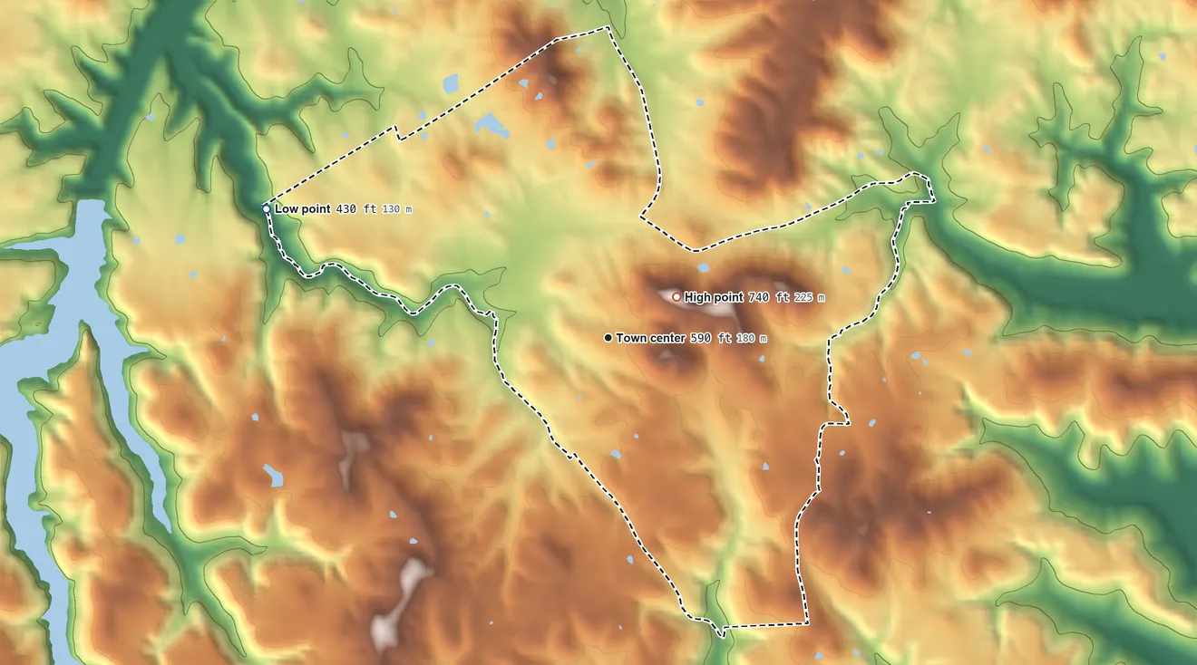 Topographic elevation map of Dunmor, Kentucky, shaded from 430 ft on the west side to 740 ft near the middle