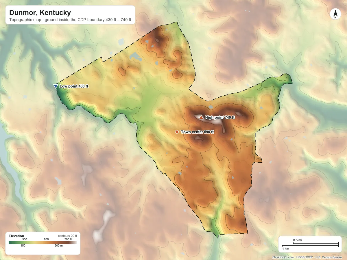 Topographic elevation map of Dunmor, Kentucky, shaded from 430 ft on the west side to 740 ft near the middle