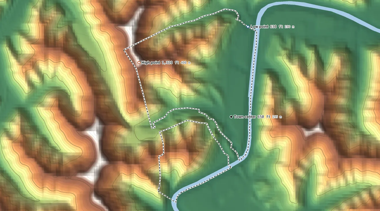 Topographic elevation map of Dwale, Kentucky, shaded from 630 ft on the north side to 1,320 ft on the northwest side